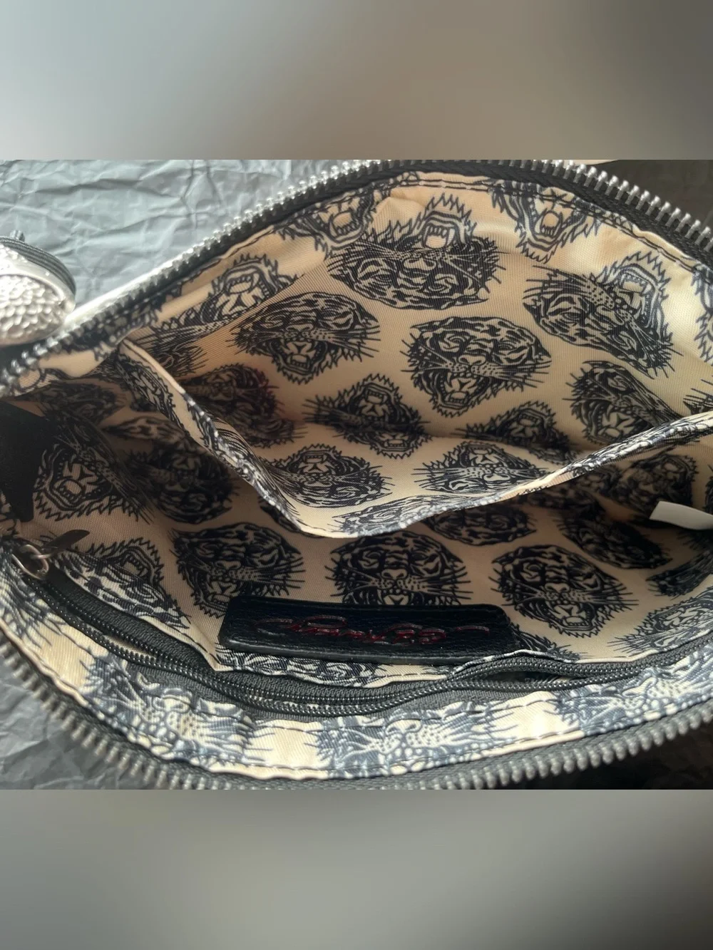 Ed Hardy White Floral Love Kills Tattoo-Print Shoulder Bag w/ Black Handle NWT